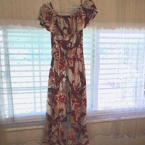 Lildy Woman's Brown & Beige Off Shoulder High Low Hem Dress, Size: S-M